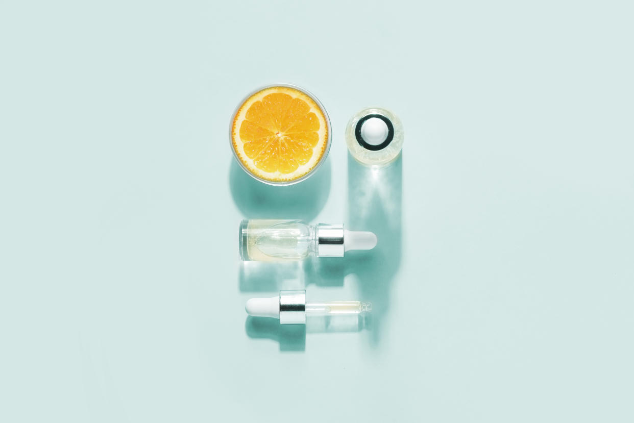 Organic bio cosmetics with vitamin C. The concept of Minimalism Flat lay.