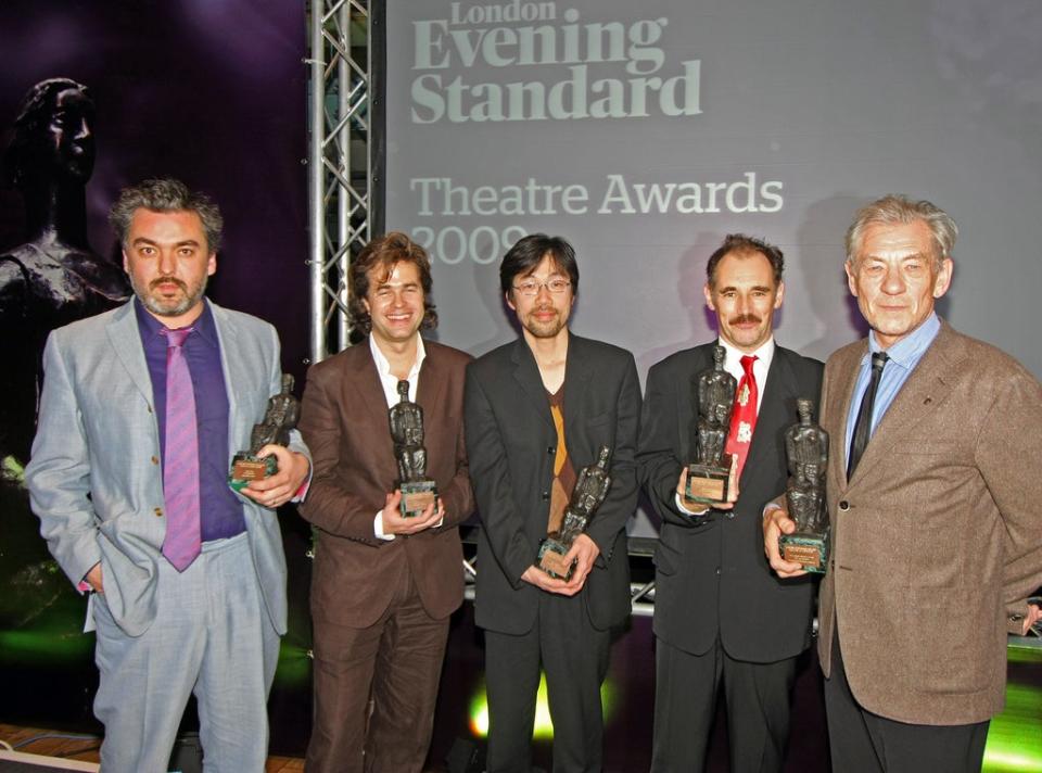 Jez Butterworth (far left) and Mark Rylance (second from left) win for Jerusalem at the Evening Standard Theatre Awards in 2009 (Alex Lentati)