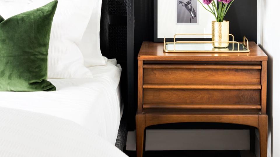 furniture, bedroom, room, white, black, bed, interior design, nightstand, bed frame, property,