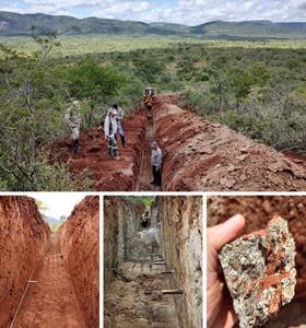 Figure 2: Photographs of trench TR22TR01 at Tróia target (top picture, looking east), with trench wall sampling intervals (bottom center and bottom left pictures) and a sample of chromitite-rich ultramafic rock submitted for PGE assay (bottom right picture).