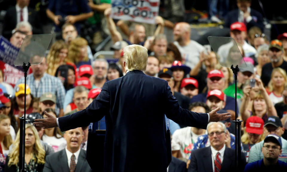 FILE PHOTO: U.S. President Donald Trump speaks at a Make America Great Again rally at the Civic Center in Charleston, West Virginia, U.S., August 21, 2018. Picture taken August 21, 2018. REUTERS/Leah Millis - RC12BE5F8870/File Photo