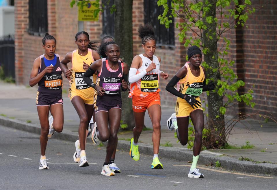 Tigst Assefa, second left, is looking to clinch another landmark win (Yui Mok/PA Wire)