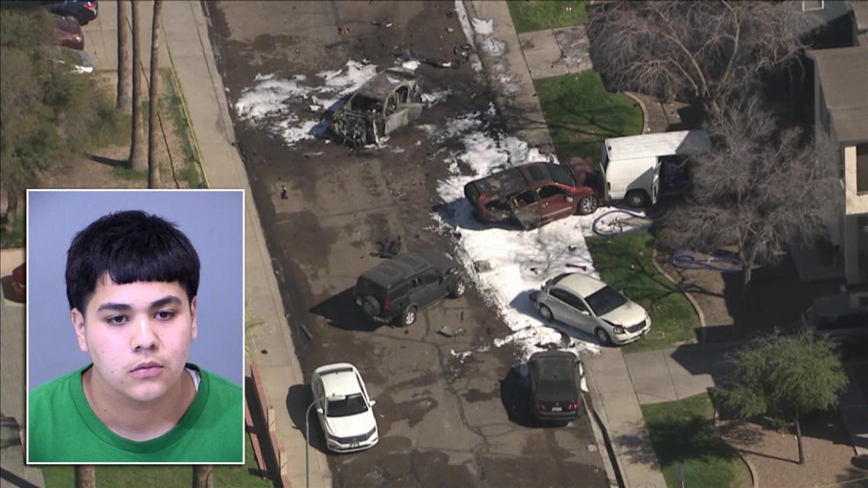 <div>Richard Salazar, 19, was arrested in connection to a fiery crash near 67th Avenue and Fillmore Street that left one person dead and another injured.</div>