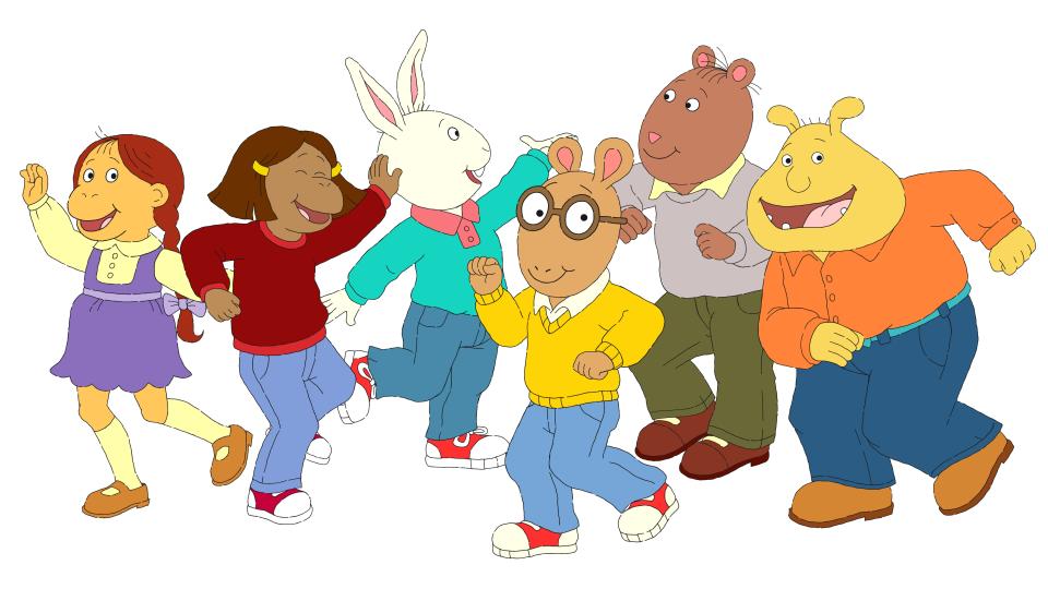 Arthur dressed in his iconic outfit dances with his friends.