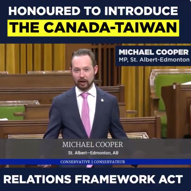 加拿大議員庫柏提法案，希望能強化雙邊交流。（圖／翻攝自Michael Cooper推特）