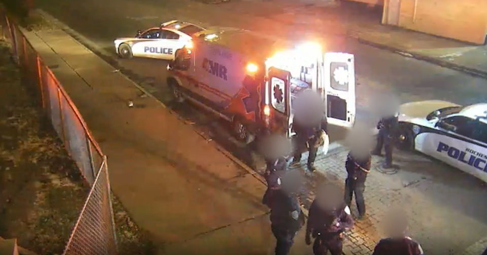 In a still from a video released by Rochester Mayor Malik Evans, an unidentified male struggling to breathe was instructed to leave an ambulance to await another to transport him to the hospital.