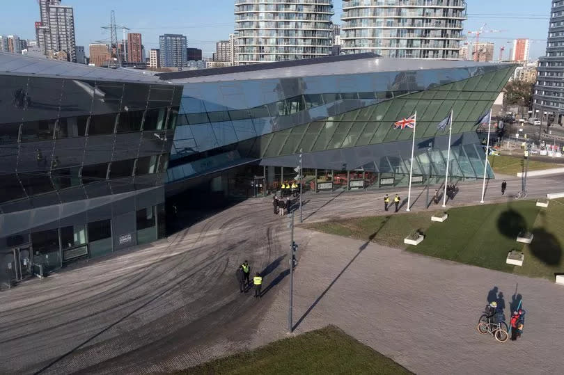 An aerial view from the Emirates Air Line cable car, of high-rise residential properties and the London Assembly's new City Hall