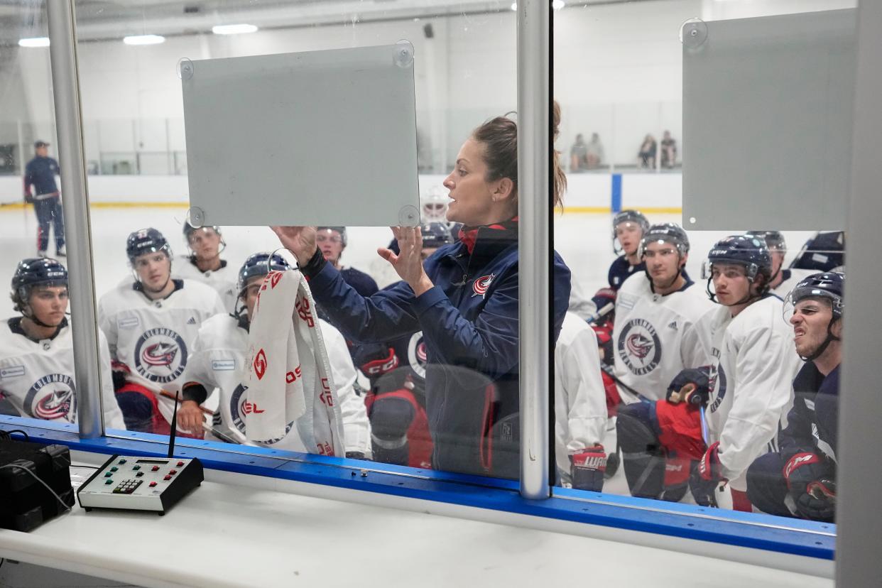 Jul 2, 2023; Columbus, Ohio, USA;  Ohio State women’s hockey head coach Nadine Muzerall instructs players during the Columbus Blue Jackets development camp at the OhioHealth Chiller North in Lewis Center. 