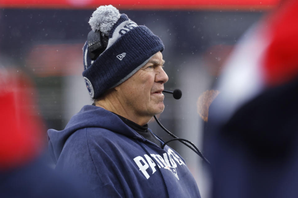 New England Patriots head coach Bill Belichick watches his players during the first half of an NFL football game against the Los Angeles Chargers, Sunday, Dec. 3, 2023, in Foxborough, Mass. (AP Photo/Michael Dwyer)