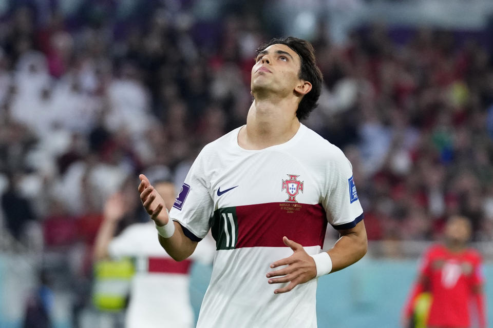 Portugal's Joao Felix reacts after a missed scoring opportunity during the World Cup quarterfinal soccer match between Morocco and Portugal, at Al Thumama Stadium in Doha, Qatar, Saturday, Dec. 10, 2022. (AP Photo/Petr David Josek)