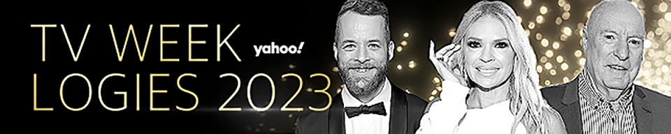 Banner reads 'TV WEEK LOGIES 2023' with a close up image of Hamish Blake, Sonia Kruger and Ray Meagher 