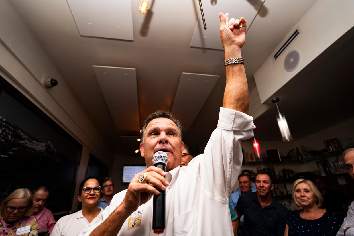 City council candidate Bill Kramer speaks after winning his race during an election results watch party at Cosmos Ristorante and Pizzeria in Naples on Tuesday, March 19, 2024.