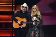 <p>Co-hosts Brad Paisley and Carrie Underwood speak onstage at the 51st annual CMA Awards at the Bridgestone Arena on November 8, 2017 in Nashville, Tennessee. (Photo by John Shearer/WireImage) </p>