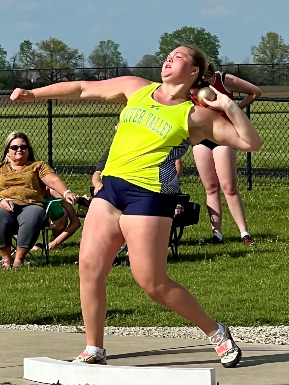 River Valley's Madison Ward competes in the girls shot put during the Marion County Track Meet at RV on Wednesday.