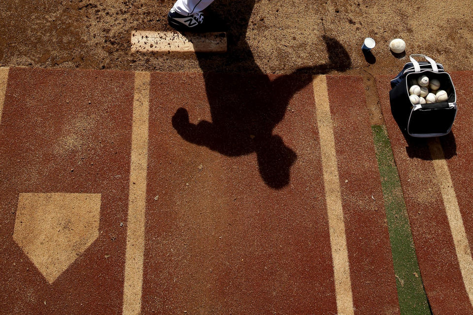 San Diego Padres starting pitcher Jacob Nix throws throws in the bullpen before a spring training baseball game against the Chicago White Sox, Sunday, Feb. 24, 2019, in Peoria, Ariz. (AP Photo/Charlie Riedel)