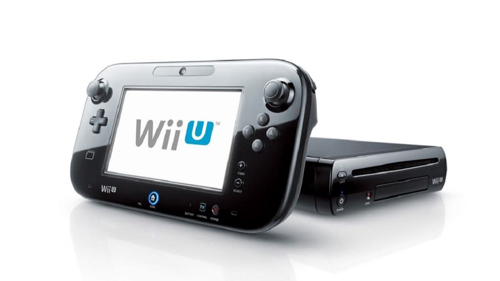 A black Nintendo Wii U and its controller on a white background.
