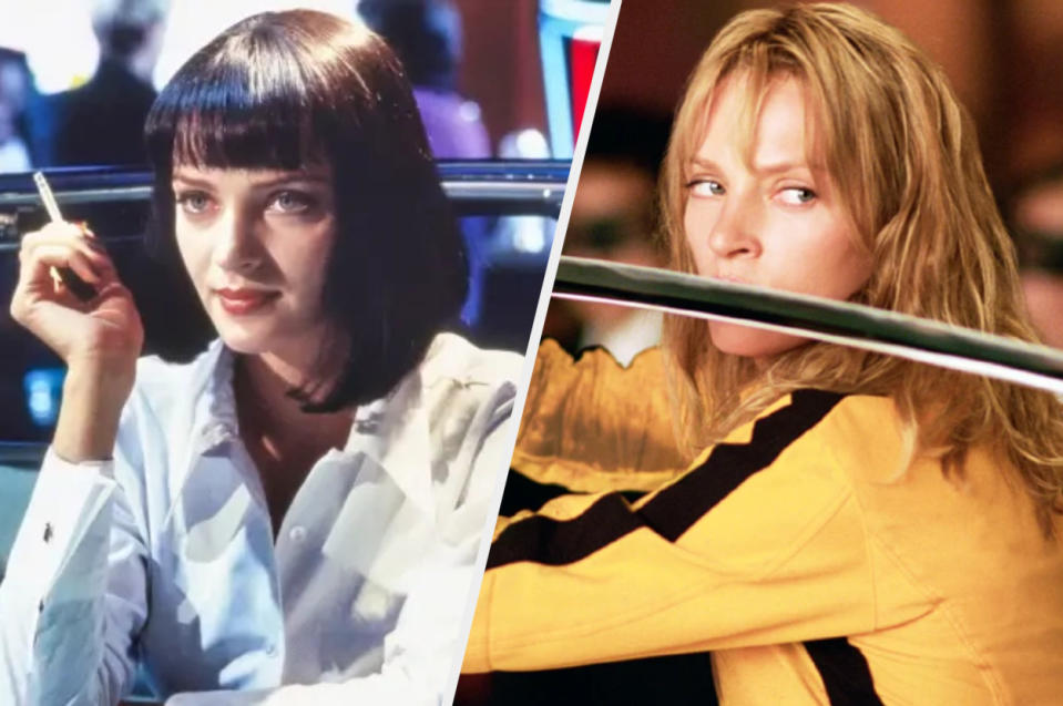 Side-by-side of Uma Thurman in "Pulp Fiction" and "Kill Bill"