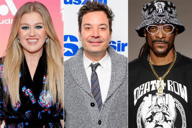 <p>Astrid Stawiarz/Getty; Roy Rochlin/Getty; Dave Bjerke/NBC/NBCU Photo Bank via Getty</p> Kelly Clarkson, Jimmy Fallon, and Snoop Dogg