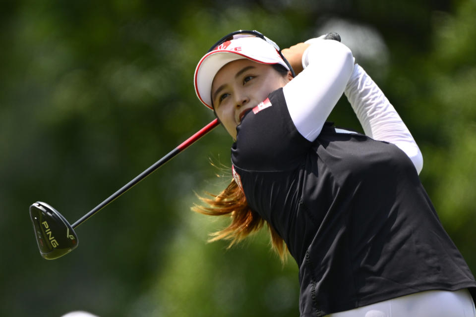 Hye-Jin Choi, of South Korea, hits on the 16th tee during the third round in the Women's PGA Championship golf tournament at Congressional Country Club, Saturday, June 25, 2022, in Bethesda, Md. (AP Photo/Terrance Williams)