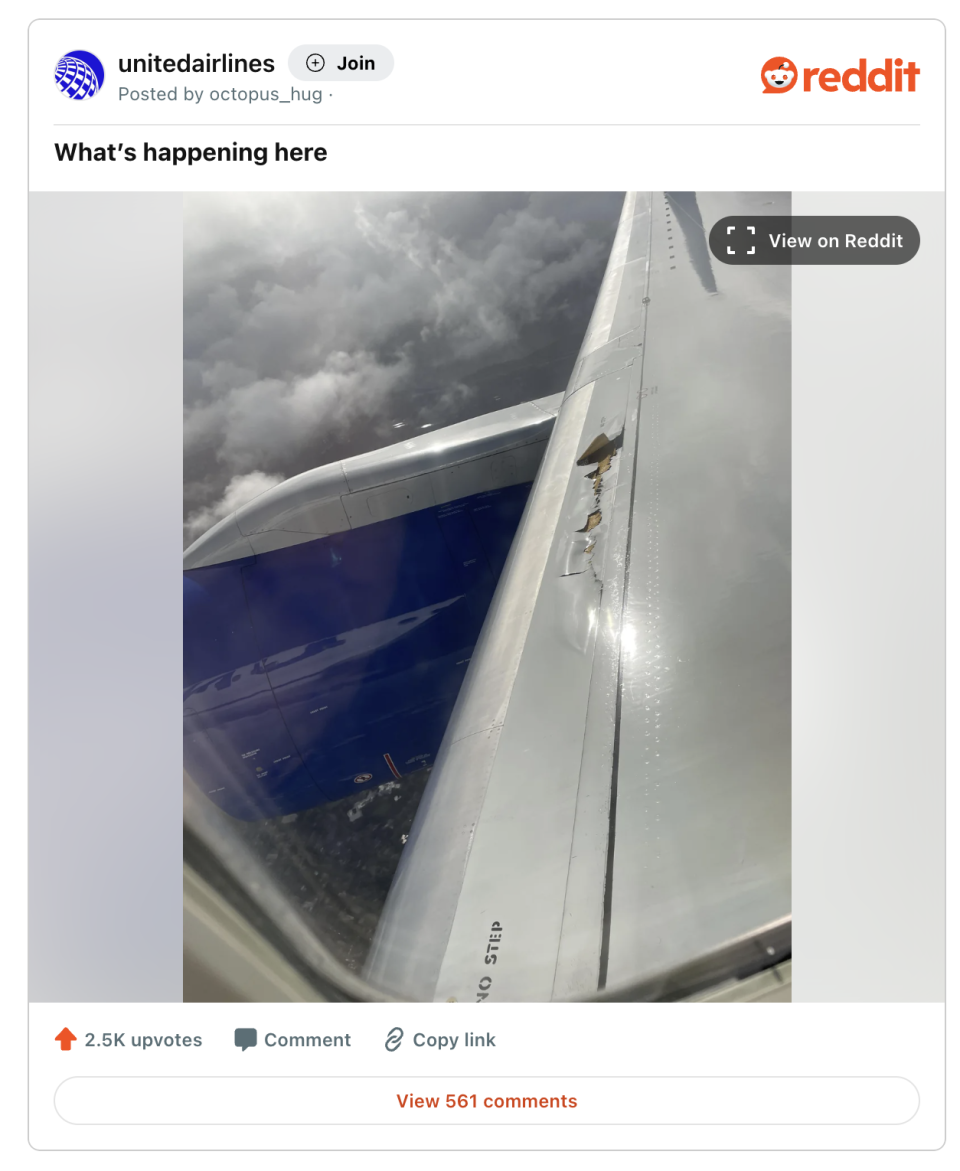 Un usuario en Reddit publicó una foto de lo que parecía ser el ala dañada el martes. La foto mostraba un ala de avión, en el aire, con parte de su ranura astillada. Foto: captura de Reddit. 