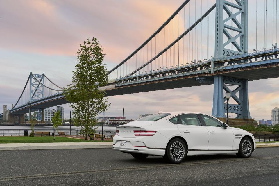 genesis electrified g80 front three quarter view