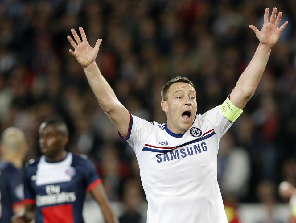 Chelsea's John Terry reacts during the Champions League quarterfinal first leg soccer match between PSG and Chelsea, at the Parc des Princes stadium, in Paris, Wednesday, April 2, 2014. (AP Photo/Christophe Ena)