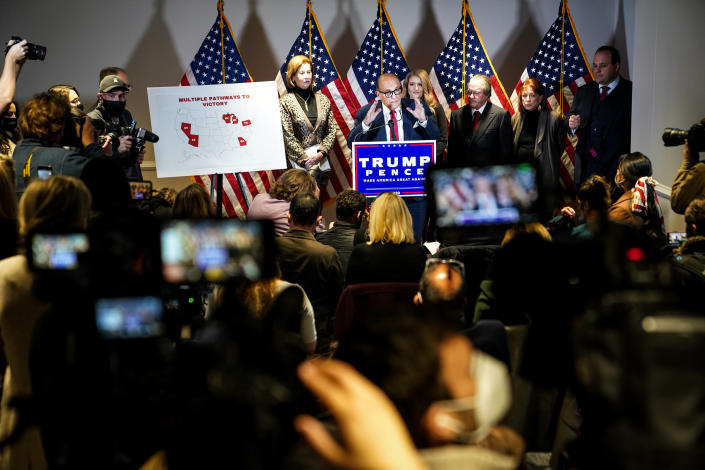 Rudy Giuliani, President Donald Trump’s personal attorney, speaks at a news conference at the headquarters of the Republican National Committee in Washington on Nov. 19, 2020. (Erin Schaff/The New York Times)