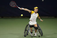 Diede De Groot, of the Netherlands, plays Angelica Bernal, of Colombia, during the woman's wheelchair quarterfinals of the U.S. Open tennis tournament in New York, Thursday, Sept. 9, 2021. (AP Photo/Seth Wenig)
