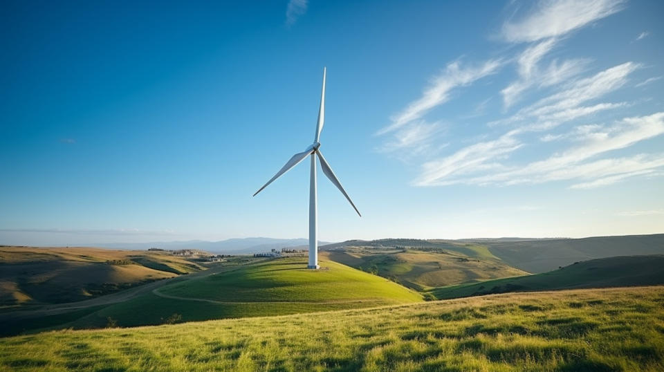 A wind turbine on a hilltop, surrounded by grass and blue sky.