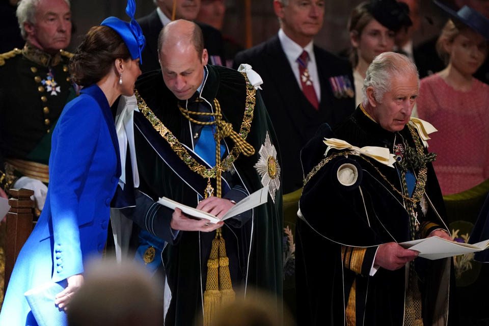 From left, Britain’s Kate, Princess of Wales, Prince William and King Charles III during the National Service of Thanksgiving and Dedication for King Charles III and Queen Camilla, and the presentation of the Honours of Scotland, at St Giles’ Cathedral, in Edinburgh, on July 5, 2023.<span class="copyright">Andrew Milligan—Pool/AP</span>