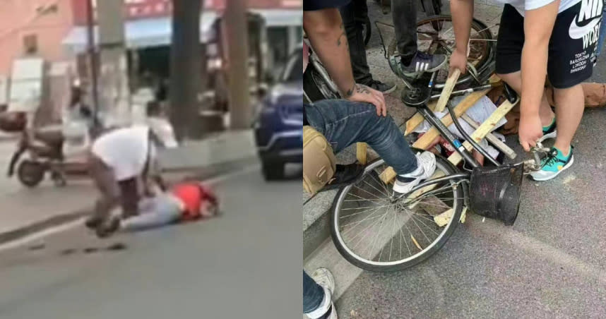 上海一名男子當街揮刀砍人，最後遭到路人合力壓制。（圖／翻攝自香港01）