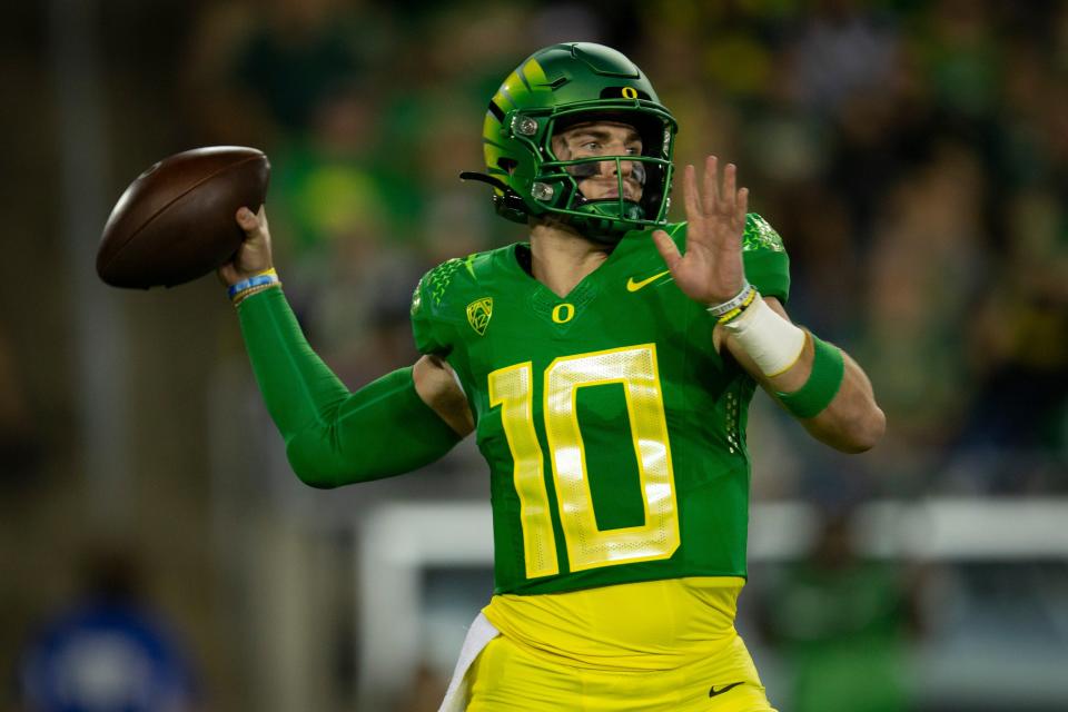 Oregon quarterback Bo Nix throws out a pass during the first half as the No. 13 Oregon Ducks take on the Stanford Cardinal Saturday, Oct. 1, 2022, at Autzen Stadium in Eugene.