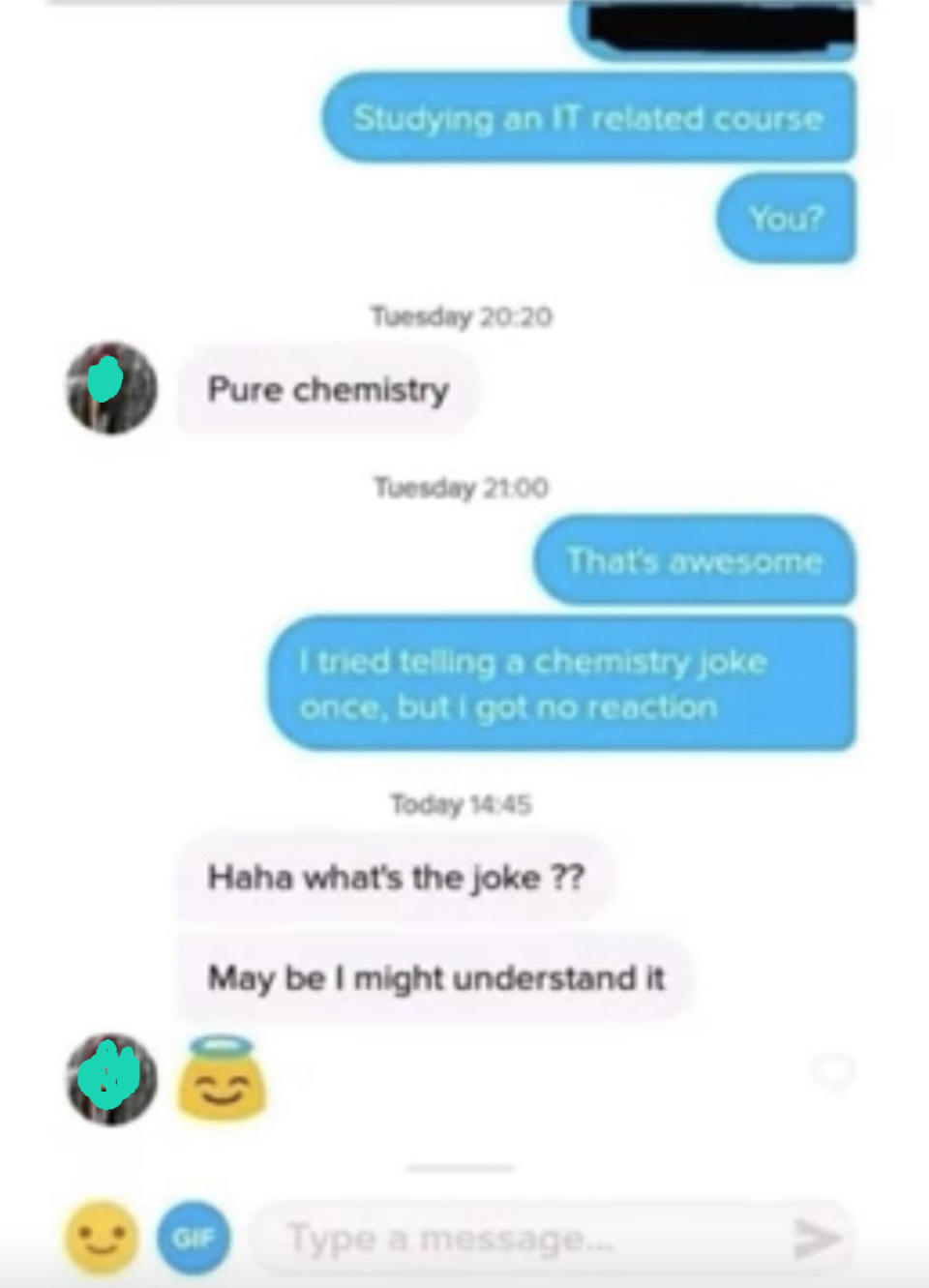 Text exchange with the last message saying, "Haha what's the joke?? May be I might understand it."