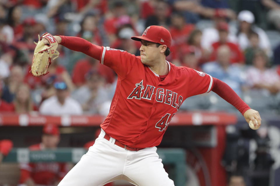 Tyler Skaggs throwing to the Oakland Athletics during the first inning of a baseball game on Saturday. (Photo: ASSOCIATED PRESS)