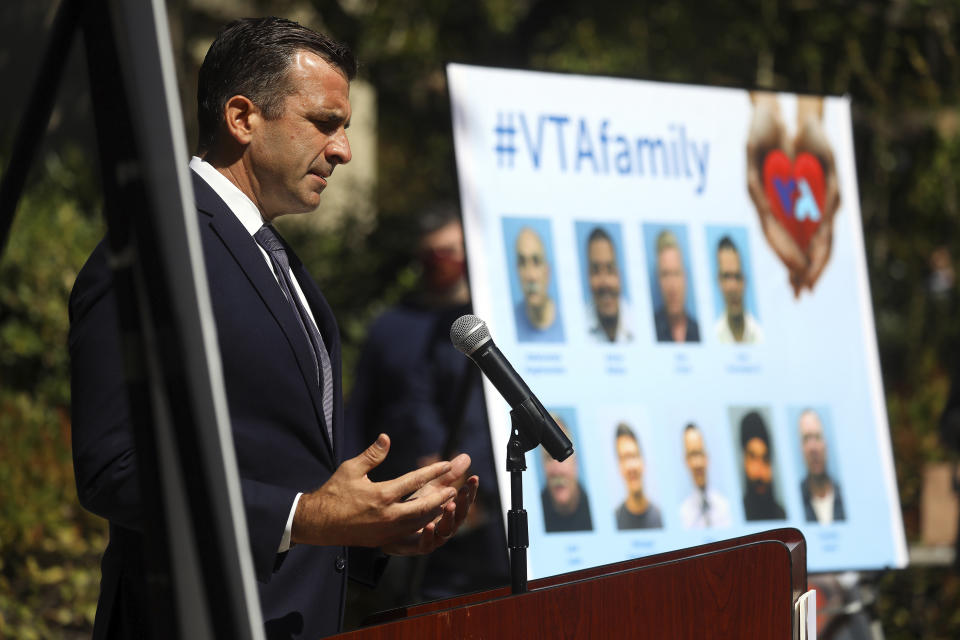 San Jose Mayor Sam Liccardo speaks during a press conference honoring nine people killed by a coworker on Thursday, May 27, 2021, in San Jose, Calif. A gunman who killed nine people at a California rail yard appeared to target some of the victims as he fired 39 shots, a sheriff told The Associated Press on Thursday, a day after his ex-wife said he would stew about perceived slights at work and threatened to kill co-workers a decade ago. (Aric Crabb/Bay Area News Group via AP)