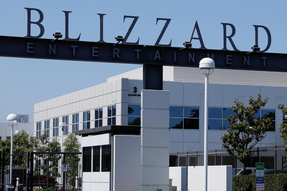 The entrance to the Activision Blizzard Inc. campus is shown in Irvine, California, U.S., August 6, 2019. REUTERS/Mike Blake