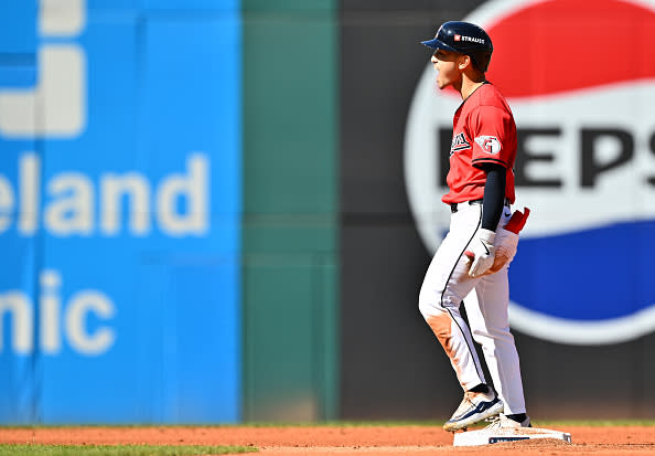 CLEVELAND, OHIO – OCTOBER 05: Steven Kwan #38 of the Cleveland Guardians reacts after hitting a double during the first inning against the Detroit Tigers in Game One of the Division Series at Progressive Field on October 05, 2024 in Cleveland, Ohio. (Photo by Jason Miller/Getty Images)