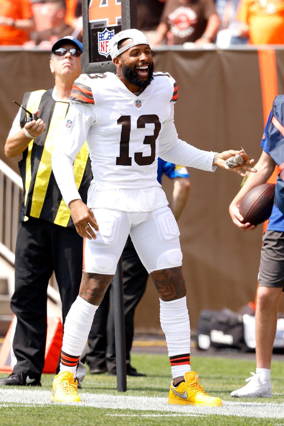 Cleveland Browns wide receiver Odell Beckham Jr. (13) celebrates after wide receiver KhaDarel Hodge (12) scored a touchdown during an NFL football game against the New York Giants, Sunday, Aug. 22, 2021, in Cleveland. (AP Photo/Kirk Irwin)