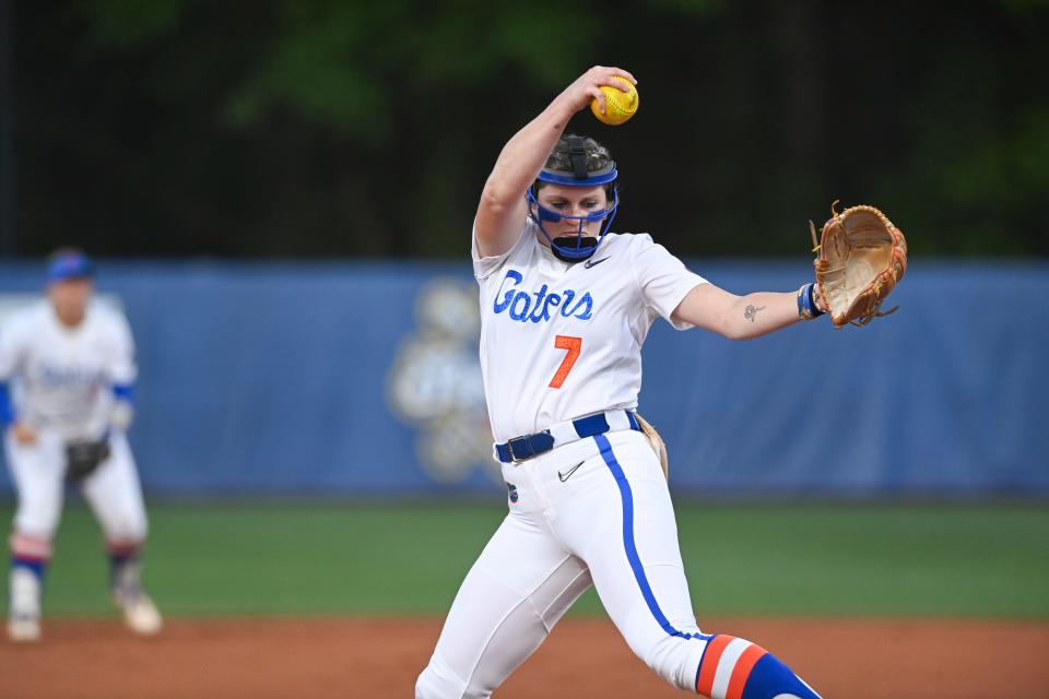 May 10, 2024; Auburn, AL, USA; Florida Gators starting pitcher/relief pitcher Keagan Rothrock (7) pitches against the Texas A&M Aggies at Jane B. Moore Field. Mandatory Credit: Julie Bennett-USA TODAY Sports