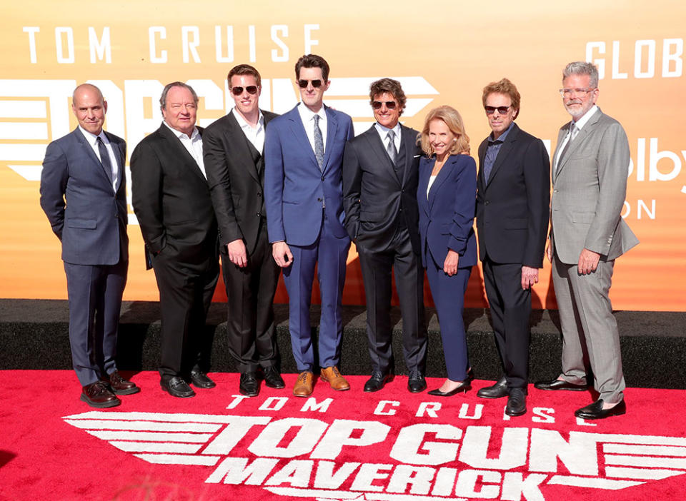 Paramount Pictures president and CEO Brian Robbins, Paramount Global president and CEO Bob Bakish, David Ellison, Joseph Kosinski, Tom Cruise, Paramount Global non-executive chairwoman Shari Redstone, Jerry Bruckheimer and Christopher McQuarrie - Credit: Leon Bennett/Getty Images