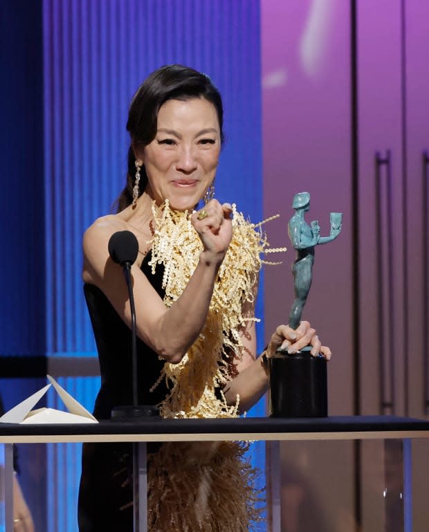 Michelle Yeoh accepts the Outstanding Performance by a Female Actor in a Leading Role for "Everything Everywhere All at Once" onstage during the 29th Annual Screen Actors Guild Awards at Fairmont Century Plaza on Feb. 26, 2023, in Los Angeles.<p><a href="https://www.gettyimages.com/detail/1469872521" rel="nofollow noopener" target="_blank" data-ylk="slk:Kevin Winter/Getty Images;elm:context_link;itc:0;sec:content-canvas" class="link ">Kevin Winter/Getty Images</a></p>