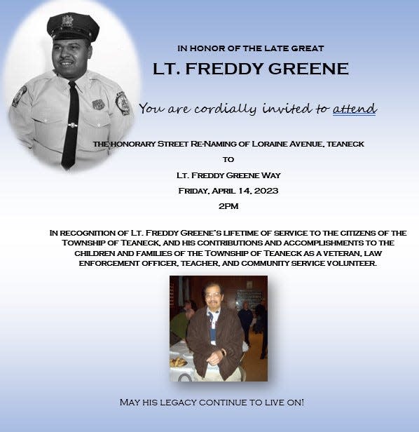 Invitation for street renaming in honor of Teaneck's first Black police officer Freddy Greene