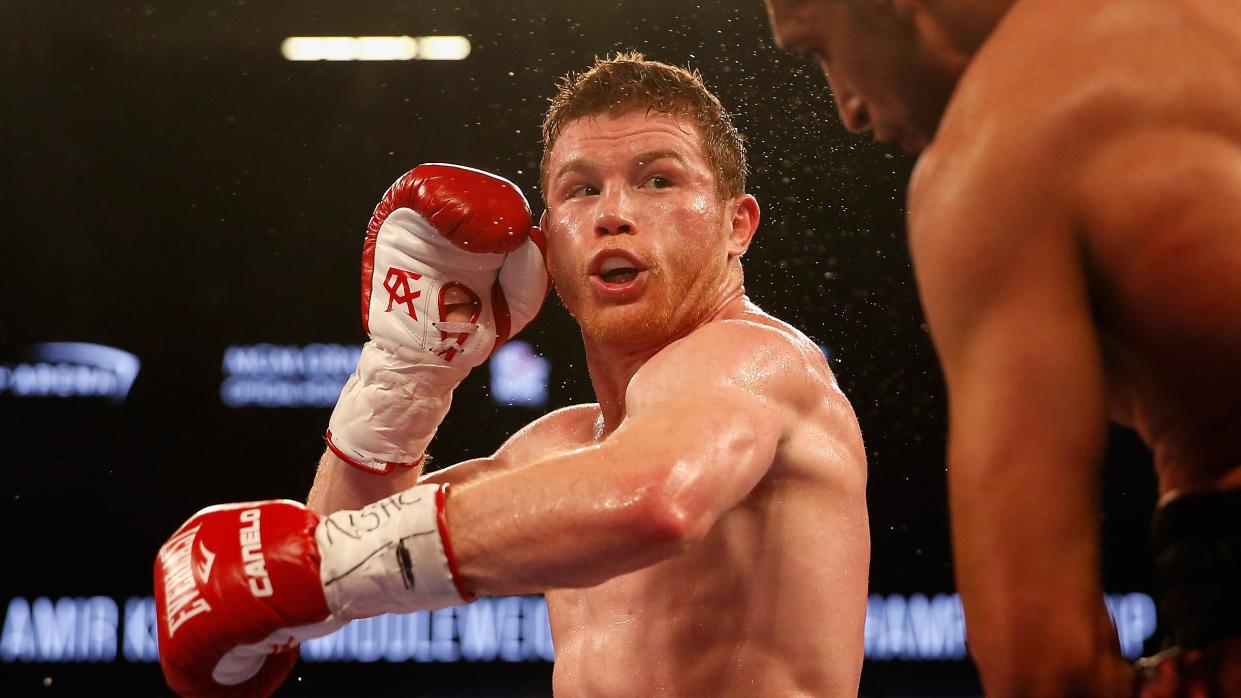  Mexican boxer Canelo Alvarez throws a left ahead of the Canelo Alvarez vs Jermell Charlo fight in Las Vegas. 