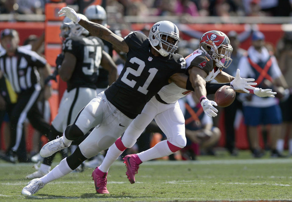 Raiders cornerback Sean Smith was arrested on Thursday and charged with felony assault stemming from a July 4 incident. (AP)