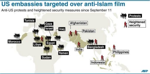 Map showing coutries where US embassies have faced protests over an anti-Islam film and security has been tightened