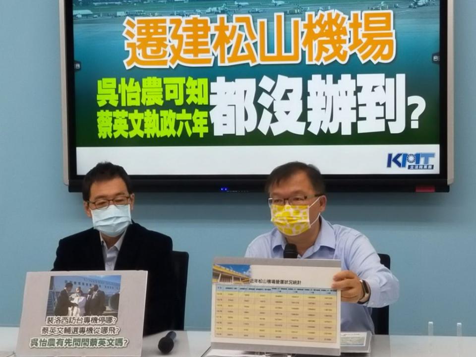 遷建松山機場，國民黨團質問吳怡農可知蔡英文執政六年都沒辦到。（國民黨團提供）