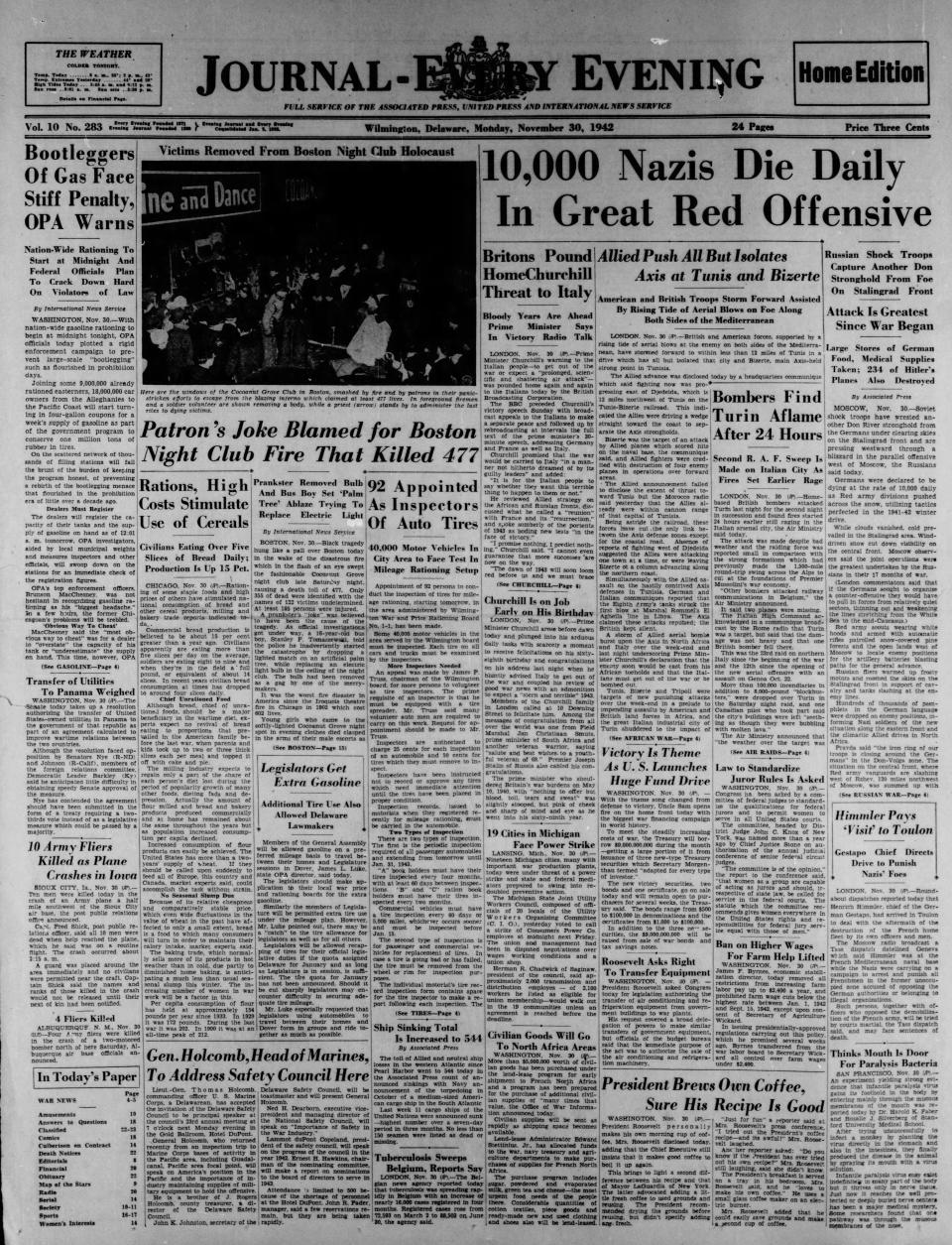 Front page of the Journal - Every Evening from Nov. 30, 1942.