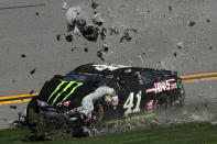 <p>Kurt Busch, driver of the (41) Monster Energy/Haas Automation Ford, is involved in an on-track incident during the weather delayed Monster Energy NASCAR Cup Series Advance Auto Parts Clash at Daytona International Speedway on February 19, 2017 in Daytona Beach, Florida. (Photo: Chris Graythen/Getty Images) </p>