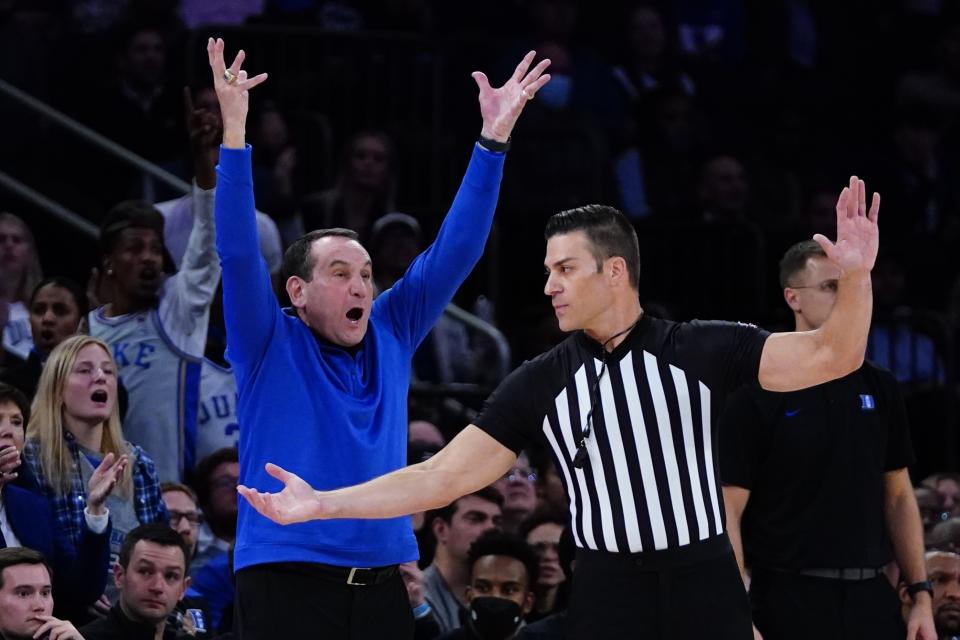 Duke head coach Mike Krzyzewski reacts to a call during the first half of an NCAA college basketball game against Kentucky Tuesday, Nov. 9, 2021, in New York. (AP Photo/Frank Franklin II)