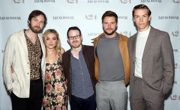 Actors Vilhelm Blomgren, Florence Pugh, director Ari Aster, actors Jack Reynor and Will Poulter attend the "Midsommar" New York screening at Alamo Drafthouse Cinema on June 18, 2019, in New York City.<p><a href="https://www.gettyimages.com/detail/1156834047" rel="nofollow noopener" target="_blank" data-ylk="slk:Jim Spellman/Getty Images;elm:context_link;itc:0;sec:content-canvas" class="link ">Jim Spellman/Getty Images</a></p>